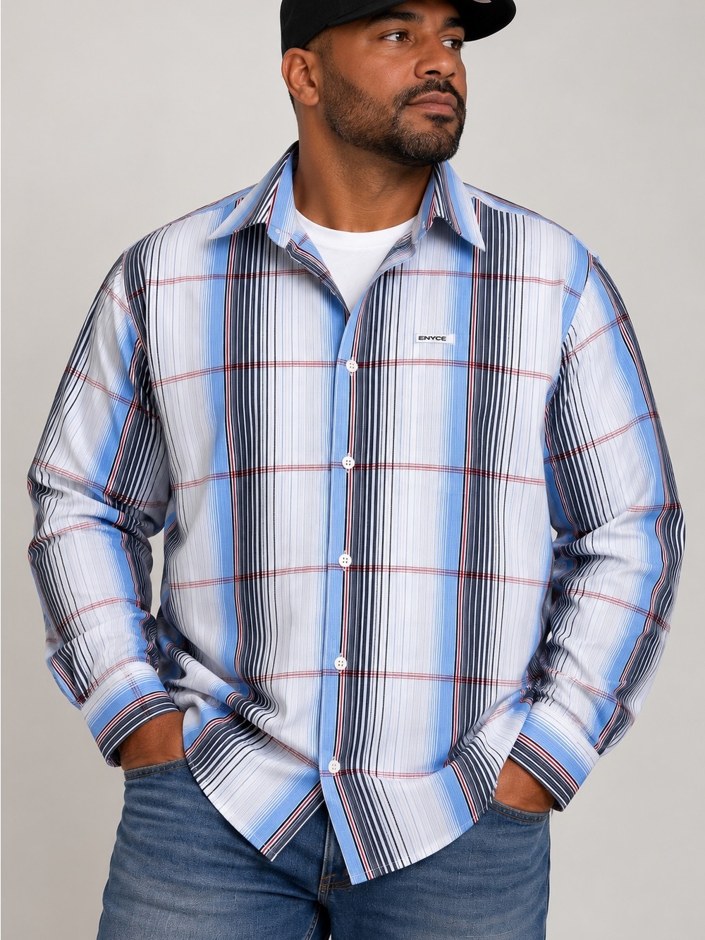 ENYCE Men’s XL Plaid Button Up Shirt Multicolor Blue Red Black Y2K Streetwear
